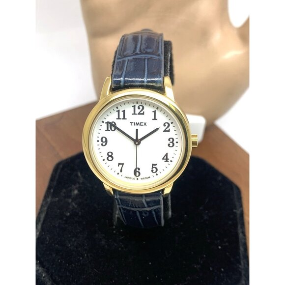 Timex Women's Watch T2N954 Quartz White Dial Blue Leather Strap 30mm Gold Case - Picture 1 of 15